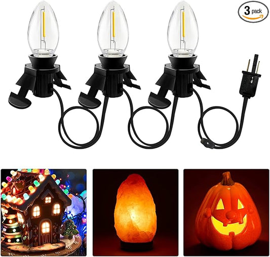 Accessory Cord with 3 LED Light Bulbs, 7.5FT Cord with On/Off Switch, C7 Socket Clip Lights for Halloween Pumpkin, Christmas Village House, Night Lights, Blow Mold, Holiday Ceramic Trees, Black