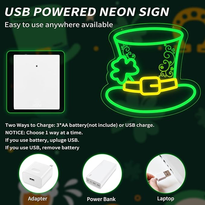 MissAudrey St. Patrick's Day Hat Neon Sign for Wall Decor, Decorations Hat Neon Signs Green Acrylic St. PatrickDay Art Wall Decor, 5V USB Powered Neon Sign Hanging for Window Wall Table Bedroom Man Cave Bar Pub Club Party