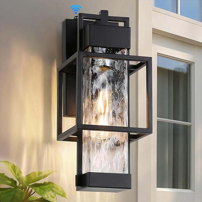 Outdoor Wall Lights Dusk to Dawn with Water Glass, Black Exterior Lighting Fixtures Waterproof Outdoor Sconce Lights with LED Bulbs, 15" H Large Outside Lights for House Porch Garage Patio