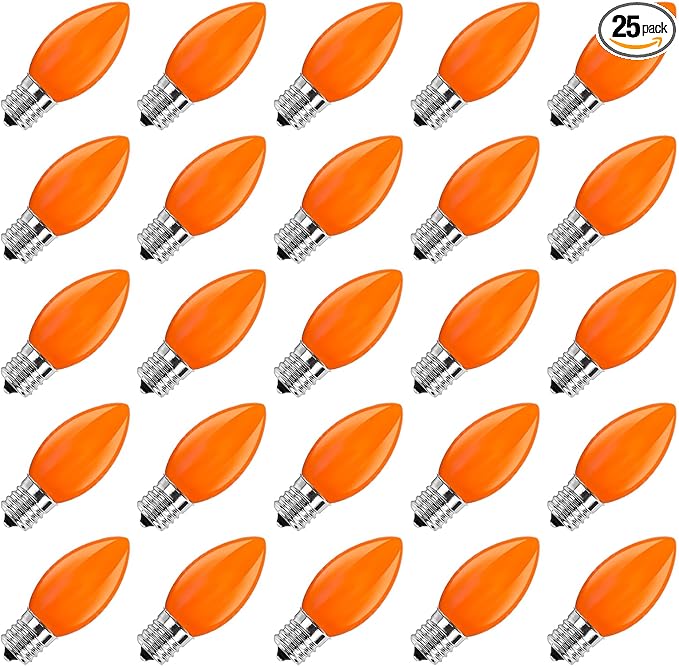 GOOTHY 25 Pack C9 LED Orange Halloween Light Bulbs, E17 Intermediate Base Shatterproof LED Orange Replacement Light Bulbs for C9 Christmas Outdoor String Lights, 0.6W Night Light Bulbs, 2700K