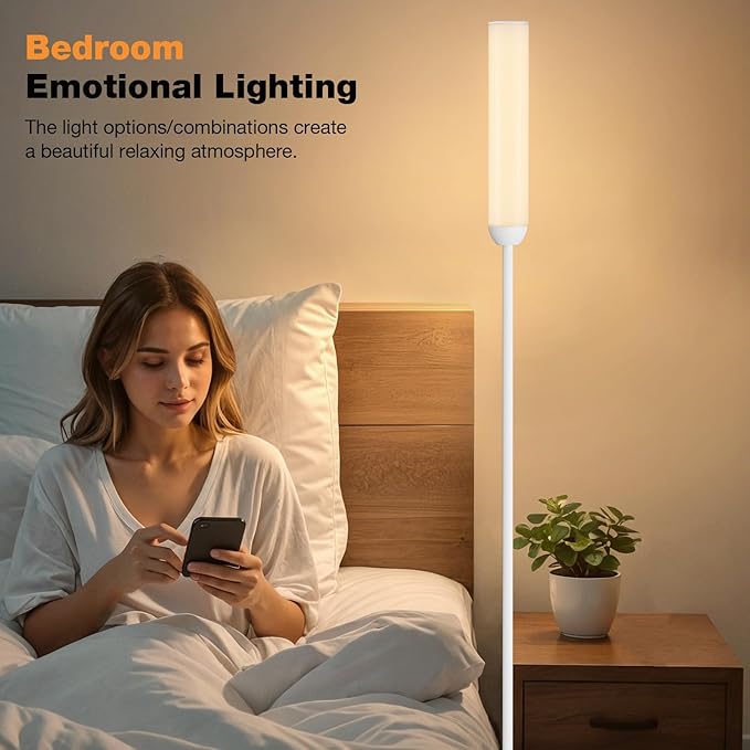 Ambimall LED Floor Lamp with Remote Control, 65" Standing lamp with Stepless Adjustable 3000K-6500K Colors & 30-100% Brightness, Foot Switch(White)