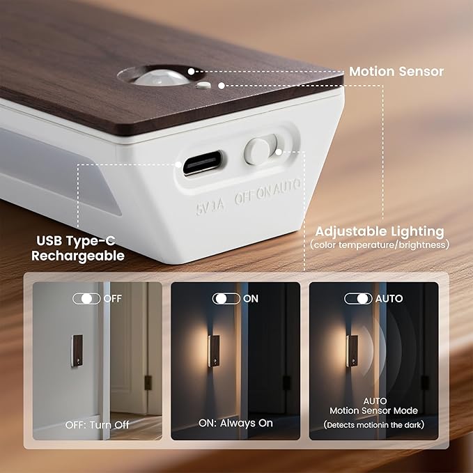 Wooden Motion Sensor Night Light, LED Backlit Nightlight, Rechargeable Light with Two-Sided Glow for Decor, Magnetic Stick-on, 3CCT Dimmable Lights for Hallway, Bedroom, Stairs, Black Walnut