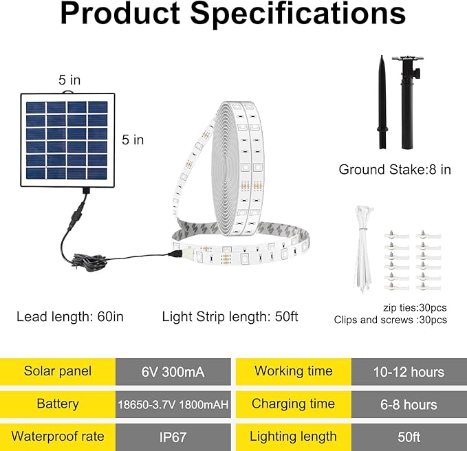Upgraded Outdoor Led Strip Lights Waterproof, 50ft RGB Solar Led Strip Lights Outdoor with Self-Adhesive, Auto On/Off 16 Colors and 4 Modes with Remote Timer Great for Patio, Pathway Decor