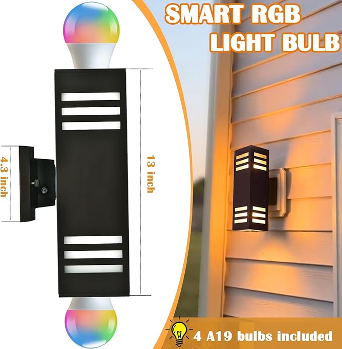 RGB Smart Outdoor Wall Lights, 2 Pack Front Porch Light Fixtures, Square Color-Changing Wall Sconce with E26 Base, IP65 Waterproof Up and Down Lights with APP/Voice/Remote Control.