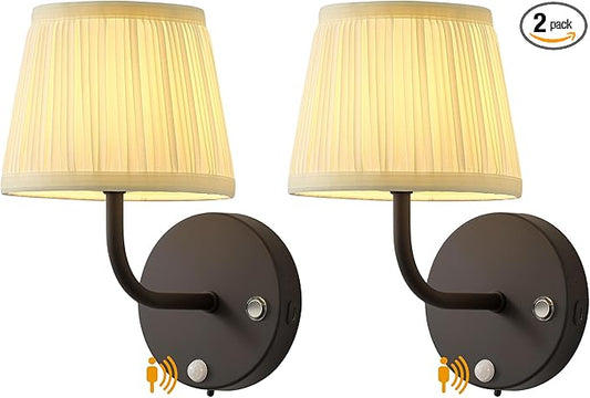 PUSU Motion Sensor Black H9.6 inch Small Wall Sconces Set of 2, LED Cordless Rechargeable 5200mAh Battery Operated Fabric Wall Lamps with Remote, Lighting for Living Room, Bedroom, Hallway, Stairs