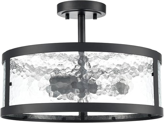 Industrial Black Semi Flush Mount Ceiling Light Harmmered Glass Farmhouse Ceiling Light Fixture 3-Light Ceiling Light for Bedroom Kitchen Bathroom Entryway Proch