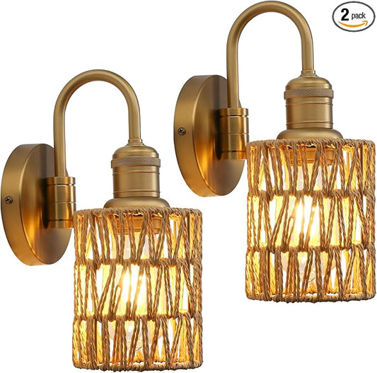 Vintage Gooseneck Sconces Wall Decor Set of 2 with Rattan Shade, Boho Wall Sconces Set of Two Hardwired Wall Lamp Fixture for Living Room Bedroom Bedside Hallway