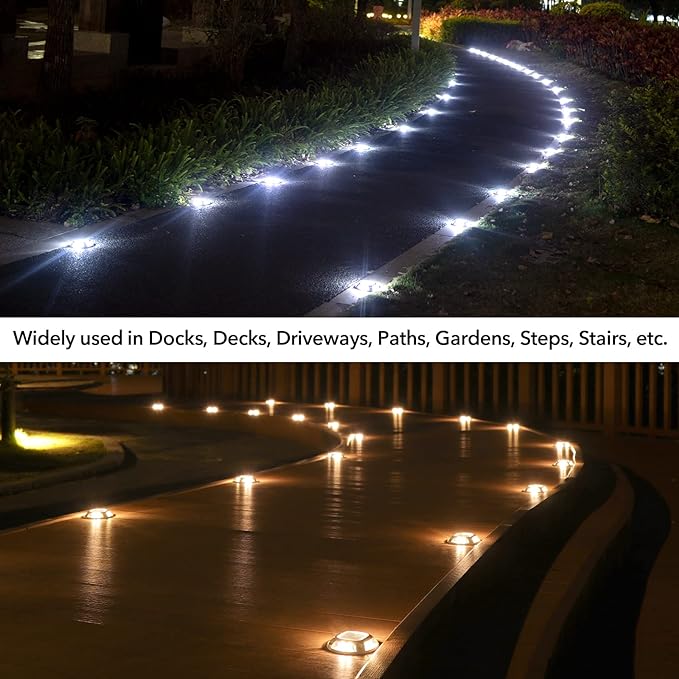 AGPTEK Solar Driveway Lights Outdoor 24 Pack, 2 Color Modes LED Deck Dock Marine Waterproof Driveway Marker Lights for Step Sidewalk Stair Garden Pathway Walkway Yard (Warm White/Cool White)