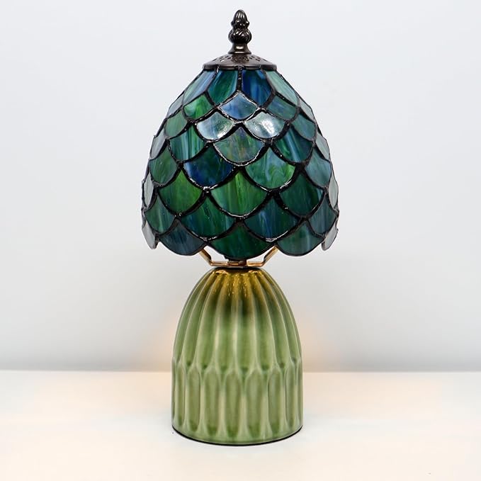 Tiffany Lamp Stained Glass Mushroom Table Lamps 6X6X12.5 Inch Sea Blue Fish Scale Style Small Night Light Ceramic Base Mini Accent Desk Light Suitable for Bedside Table Bedroom Children Room