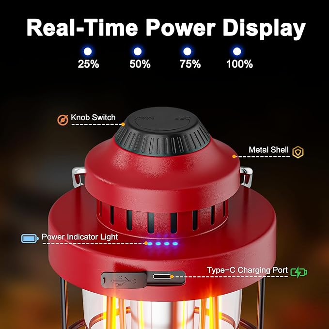 HOMY Vintage Camping Lantern Premium Metal LED Rechargeable Dimmable Warm Light for Glamping, Patio, Home Decor Retro Portable Tent Lamp