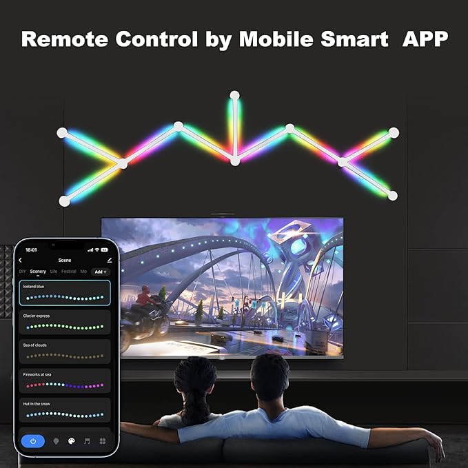 Smart WiFi RGB LED Wall Light Lines 16M+ Color LED Dimmable Music Sync Gaming Room, Bedroom, Led Home Wall Decor Light Bars Kit Compatible with Alexa and Google Assistant (9 LED Light Lines)