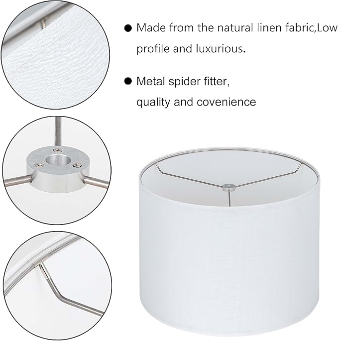 Wellmet White Set of 2 Drum Lampshades, Easy Assembly Required 14" Top x 14" Bottom x 11" High Replacement Lamp Shades, Fabric Lampshades for Table Lamps Floor Lamps, Metal Spider Fitter
