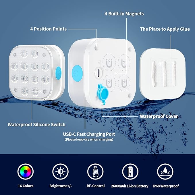 Homly Rechargeable Submersible Pool Lights with Remote, Waterproof Underwater Charging Battery Operated Controlled 16 Color Changing LED with Magnet Floating Lights Pool Pond Decoration 2 Pack
