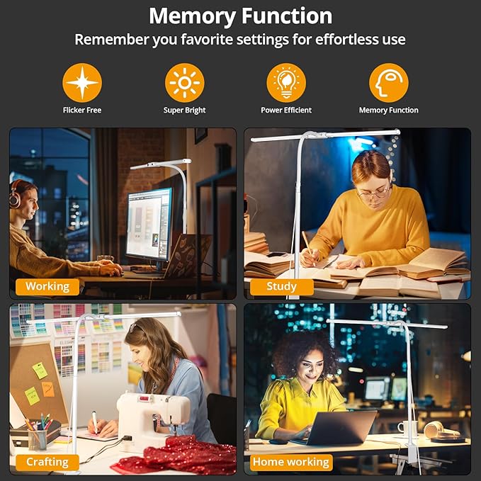 Desk Lamp with Clamp, with 5V 2A Adapter, LED Desk Lamp with Dual Head, 50 Light Modes, Computer Monitor Flexible Neck Lamp, Eye Protection Desk Lamps for Study, Office, Crafts, Draw(White)