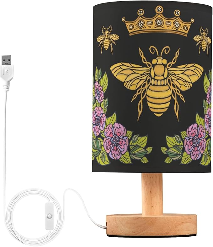 Table Lamp Honey Queen Bee Bumblebee Crown Flower Floral Wreath Nightstand Lamp with Wood Base Fabric Lamp Shade Bedside Desk Lamp for Living Room Bedroom Kids Room Office