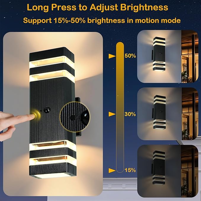 Dusk to Dawn Motion Sensor Porch Light with 3 Lighting Modes, Waterproof Up Down Wall Sconce with Adjustable Bulbs, Aluminum Exterior Light Fixtures for Entryway, Patio, Garage,ETL Listed