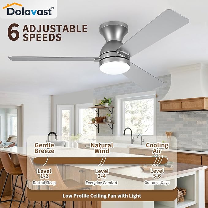 Ceiling Fans with Lights, 48 inch Low Profile Ceiling Fan with Light and Remote Control, Flush Mount, Reversible, 3CCT, Dimmable LED, Noiseless, Nickel Ceiling Fan for Bedroom, Dining Room