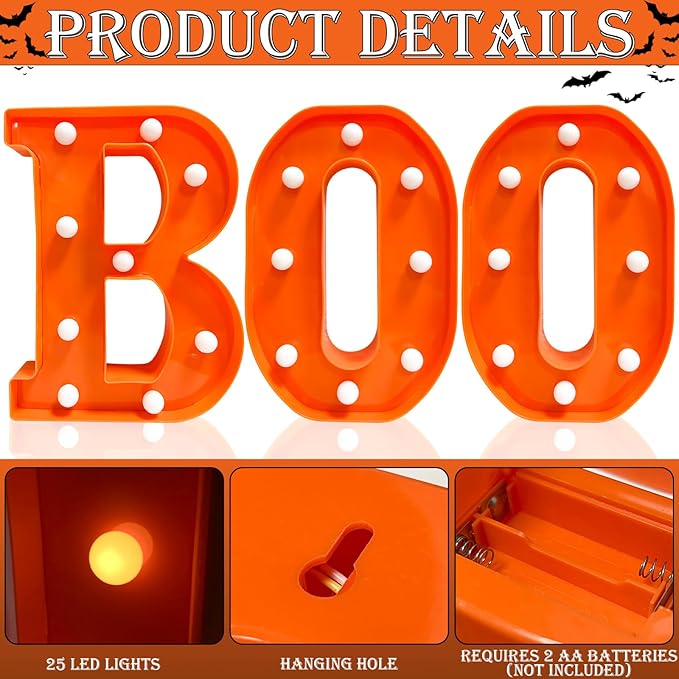 Halloween Decorations Indoor - Boo 3 Pack LED Light Up Hanging Letters Orange Boo Signs Light for Indoor Halloween Decor Home Table Party Wall Mantel Fireplace Bedroom, Warm White Lights