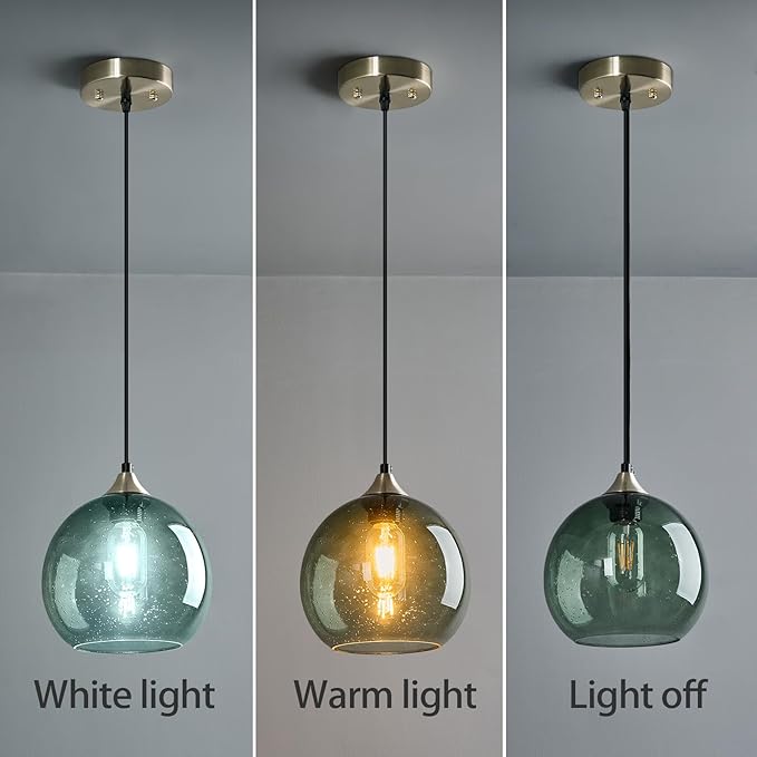 Gray Green Glass Pendant Lights Kitchen Island Lighting Globe Pendant Light Fixtures Modern Pendant Lighting for Kitchen Island Bedroom Living Dining Room Light Fixture(7.87in, 1-Pack)