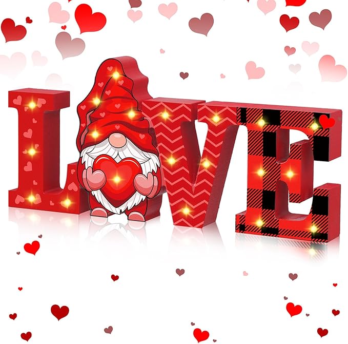 Menkxi Valentines Day LED Wooden Sign Valentine's Day Table Decorations Wooden Love Decor Valentine Tiered Tray Decor Light up Valentine Table Centerpiece Decor for Home Party Desk Office Room