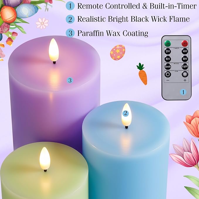 3 Pcs Easter Flameless Candles Battery Operated LED Flickering Pillar Candles with Remote Real Wax Pastel Spring Table Decor for Easter Party Wedding Table Centerpiece Home Decorations