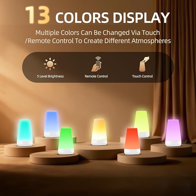 Night Light, Dimmable Touch Lamp and Remote Control, 13 RGB Colors & 5 Brightness, Rechargeable Bedside Table Lamp for Baby Kids Nursery Bedroom Bathroom Camping (White)