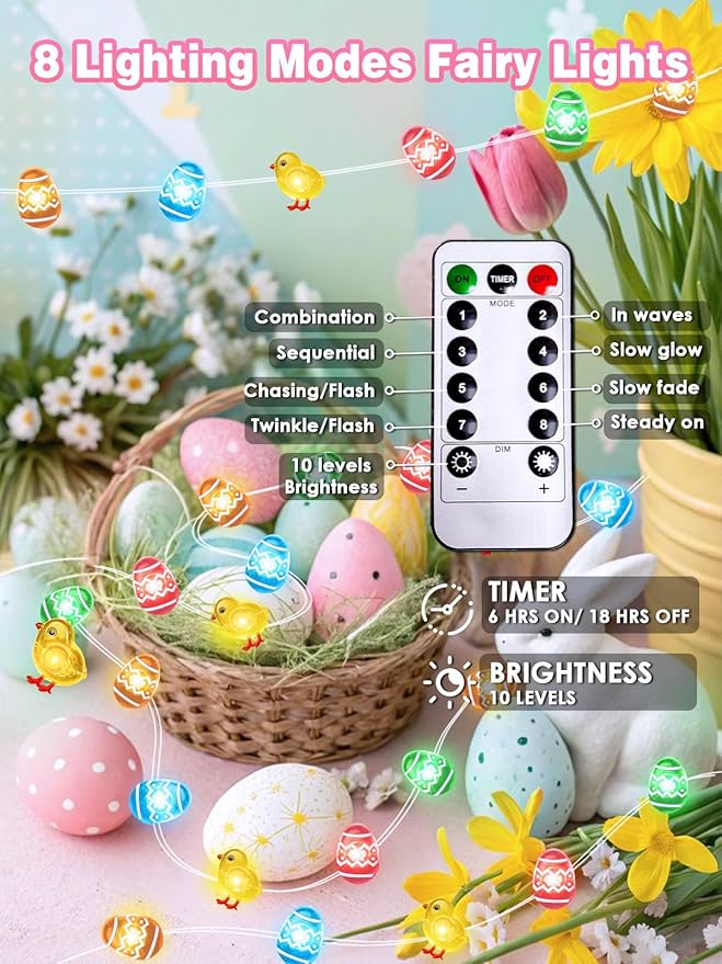 Easter Decoration Fairy Lights, 10 FT 30 LED Multicolor Eggs Chicken String Lights Battery Operated with Remote, 8 Modes Waterproof LED Light Mini Decor for Outdoor Indoor Easter Party Home DIY Decor