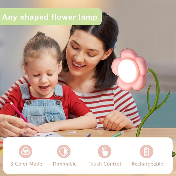 LIYAOLI Pink Flower Desk Lamp for Girls,Neck Reading Light,Rechargeable LED Lamp with USB Charging Port,3 Color Modes & Stepless Dimming,Mini Desk Lamp Office Desk Decor (Pink)