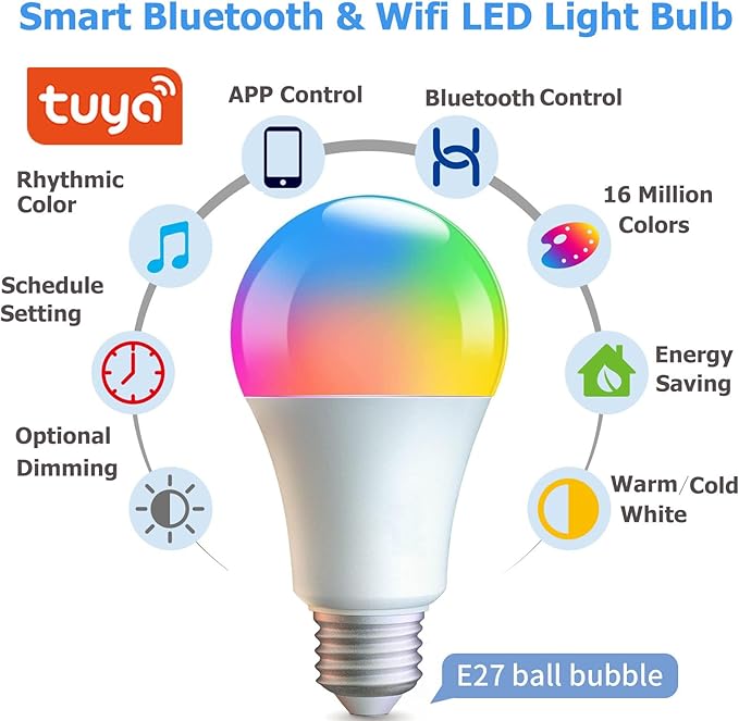Smart Light Bulbs,WiFi & Bluetooth LED Light Bulb That Compatible with Alexa & Google Home, Color Changing Light Bulb, 10W A19 E26 2.4Ghz WiFi Light Bulbs 60 watt Equivalent, 800lm Dimmable