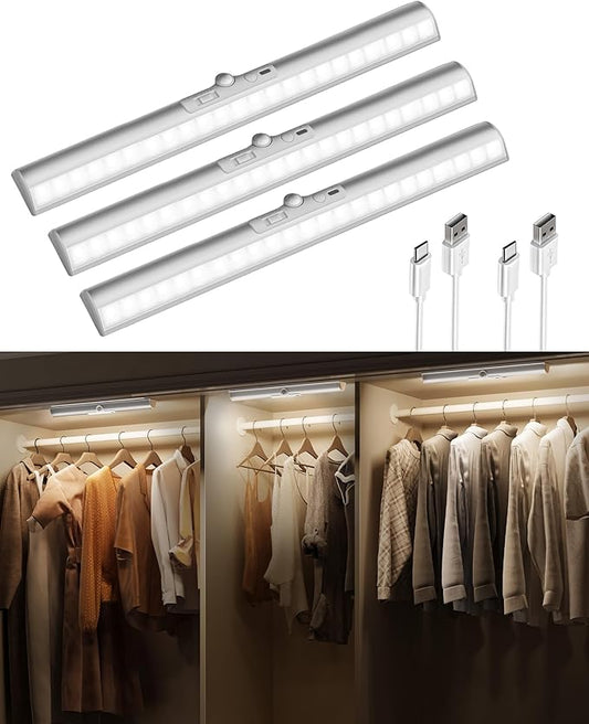 EZVALO 3 Pack Motion Sensor Closet Lights, 15inch Rechargeable Under Cabinet Lights with Rotatable Sensor, Glare-Free, 3 Color Temps & Dimmable, Magnetic Night Light for Pantry, Stairs