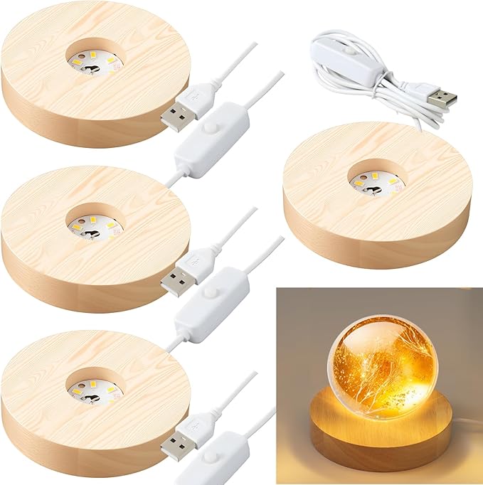 4 Pack Wooden LED Light Display Base with Switch, 3.9” Round Warm Light Stand for Crystal Glass Ball Figurine, USB Powered Lighted Holder for Resin Crafts, Art Decoration