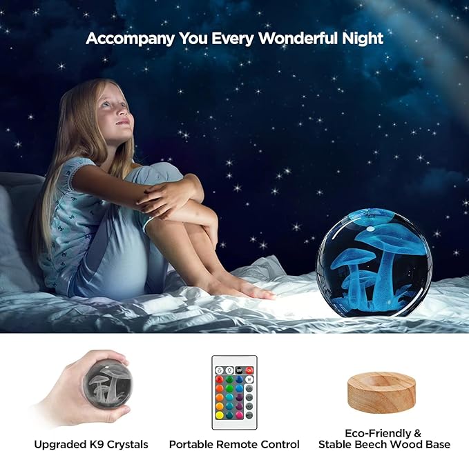 3D Mushroom Crystal Ball Night Light with Remote Upgraded 3.15 In Mushroom Glass Ball Table Lamps with 16 Color Led Wooden Base for Birthday Xmas Cute Mushroom Room Decor Gifts for Kids Women Teen