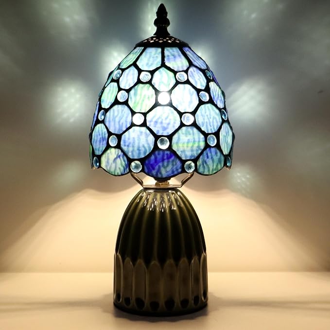 Tiffany Lamp Stained Glass Mushroom Table Lamps 6X6X12.5 Inch Blue Ripple Pearl Style Small Night Light Ceramic Base Mini Accent Desk Light Suitable for Bedside Table Bedroom Children Room