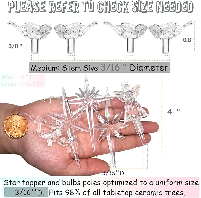117Pcs Ceramic Christmas Tree Clear White Dove Bird Replacement Lights Bulbs and 1 Angel/3Stars Topper Ornament for Ceramic Tree Décor - Medium Plastic Pegs.
