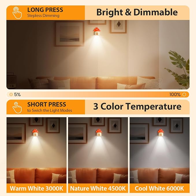 Cute Mushroom Light, Rechargeable Stair Lights, Motion Sensor Light Indoor, 3 Color Temperatures, Adjustable Brightness, Magnetic Nightlight for Hallway, Stairway, Kids Gift, Orange, 2 Pack