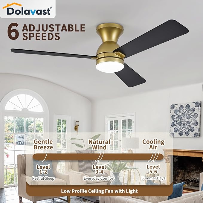 Ceiling Fans with Lights, 48 inch Low Profile Ceiling Fan with Light and Remote Control, Flush Mount, Reversible, 3CCT, Dimmable LED, Noiseless, Gold Ceiling Fan for Bedroom, Dining Room