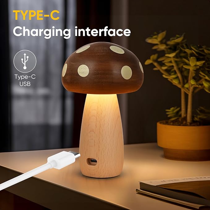 2 Pack LED Wood Mushroom Table Lamp, Rechargeable Cordless Touch Bedside Small Lamps, Wireless Stepless Dimming Night Light, Portable Battery Lamp for Bedroom Nightstand for Birthday Gifts