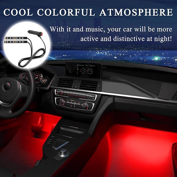 Car LED Strip Light, 12V 24 LEDs Auto Interior Atmosphere Lamp with Cigarette Adapter Plug, Vehicle Under Dash Ambient Neon Night Light Decorative Strip, Car Accessories (Red)