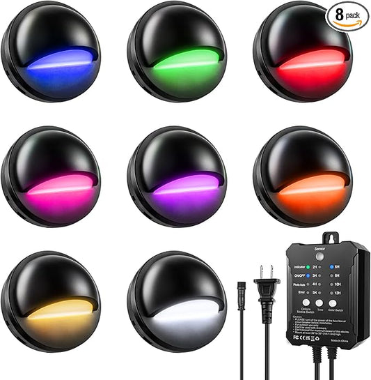 RGB Low Voltage LED Deck Lights Kit with Transformer Timer and Photocell Sensor, IP67 Waterproof Low Voltage Landscape Lighting, Step Lights for Outdoor Walkway Stair Post Railing (8 Pack)
