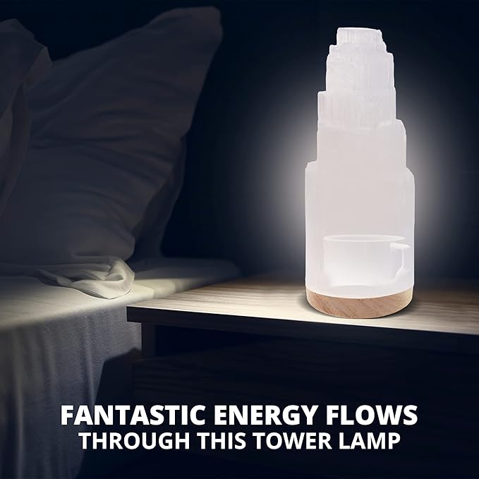 Selenite Crystal Lamp, 20 cm Tall, High Energy Skyscraper Lamp with Wooden Base & USB Charging Cable, ETL Certified, Hand Curved Selenite for Spiritual Protection and Therapy