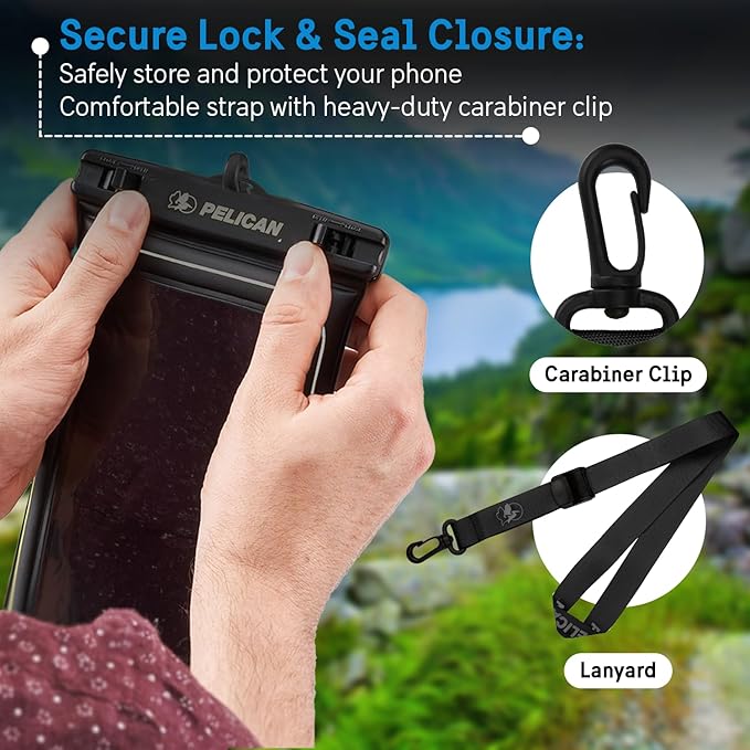 Pelican Marine - IP68 Waterproof Phone Pouch (XL Size) Floating Waterproof Phone Case - Beach Cruise Ship Travel Essentials - Works with All Phones - Detachable Lanyard - Black