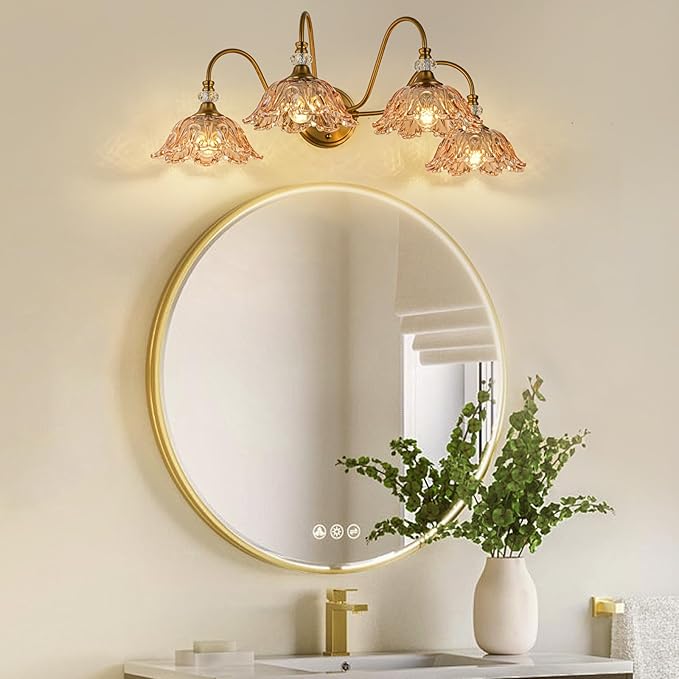 Vintage Bathroom Vanity Light, 4-Light Matte Brass Finish Vanity Light with Floral Amber Glass Shades, Retro Wall Mount Lighting for Bathroom, Dressing Table