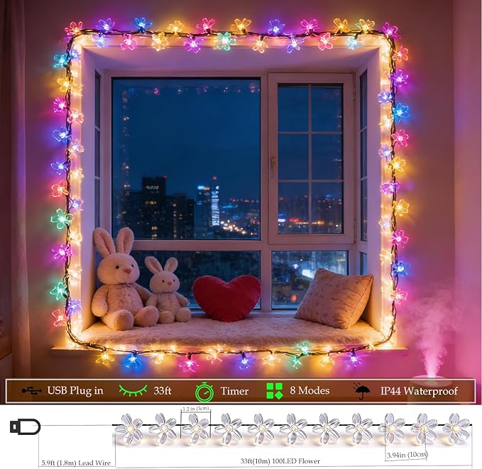 Easter Pastel Flower String Lights Indoor Bedroom Decorations, 33ft 100 LED USB Plug-in Fairy Cute Cherry Blossom Froal Lamp for Patio, Garden Party, Christmas, Birthday Decor (Multicolored)