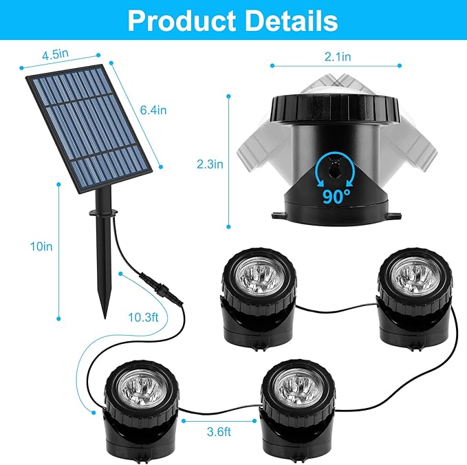 T-SUN Solar Pond Lights, 4-in-1 RGB Underwater Pond Light, Color Changing Submersible Fountain Lights, Solar Fish Tank Light Adjustable Lighting Angle for Garden Fountain, Pond, Pool Decoration
