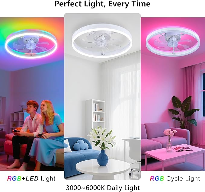 STERREN RGB Ceiling Fans with Lights, 20'' Smart LED Ceiling Fan with Remote/APP Control, Modern Low Profile Bladeless Chandelier Fan, Dimmable White Fandelier for Bedroom, Living Room, Kitchen
