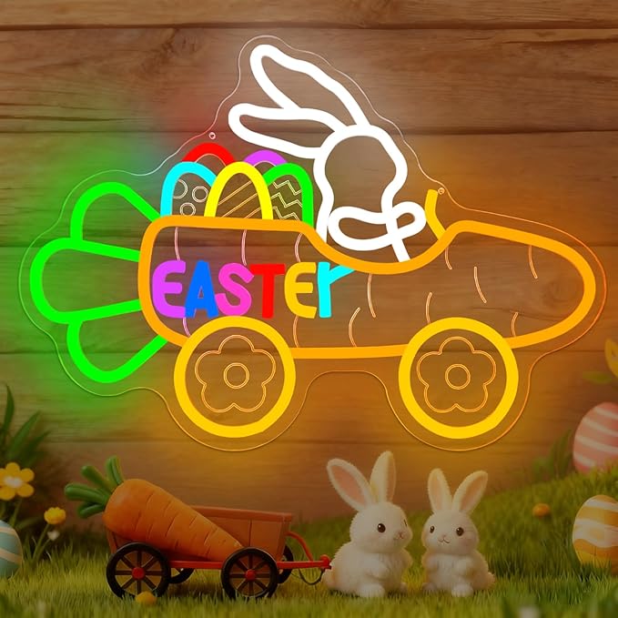 Easter Neon Sign Dimmable Easter Bunny Neon Light for Wall Decor Carrot Cart Light Up Sign LED Bunny Driving a Carrot Cart for Party Decoration