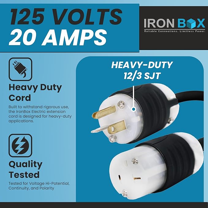 IronBox Electric NEMA 5-20P to 5-20R Extension Cord - 20A, 125V, 12/3 SJT - Heavy Duty Outdoor Generator Cords & Plugs - UL Listed Extension Cable for Data Centers, Camper & More (6 ft, Custom Built)