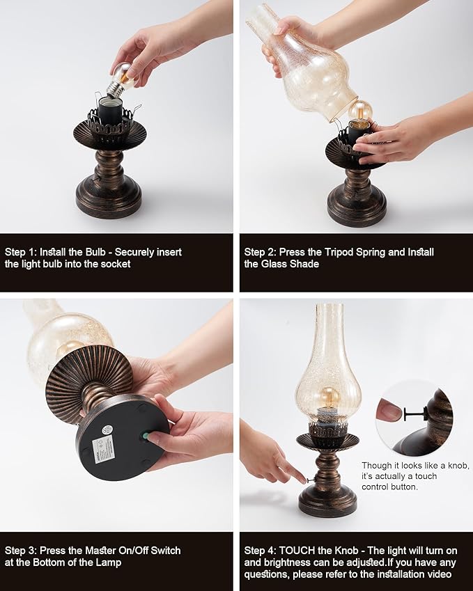 UMEXUS Vintage Rechargeable Cordless Table Lamp with Dimmer & Touch Control, Small Battery Powered Lights, Amber Hand-Blown Glass Retro Farmhouse Lamp for Bedroom, Living Room, Dining Table, Kitchen