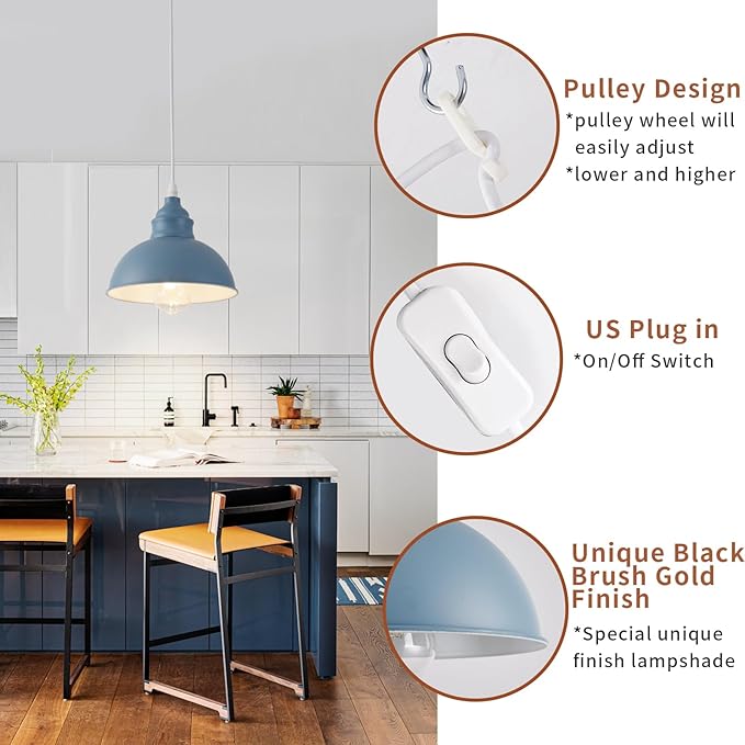 Plug in Pendant Light, 15FT Hanging Lights, On/Off Switch, Industrial Pendant Light with Plug in Cord, Metal Hanging Lamps for Living Room, Kitchen, Dining Room Blue