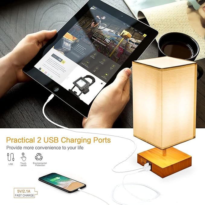 Touch Control Table Lamp, 2 USB Charging Ports, Bedside Lamp for Nightstand with Round Fabric Lamp Shade, Modern Night Light for Living Room, Bed Room, Kids Room, Office (Square)